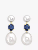John Lewis IBB 9ct Gold Double Pearl & Sapphire Drop Earrings- Buy online at McGrocer