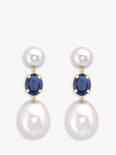 John Lewis IBB 9ct Gold Double Pearl & Sapphire Drop Earrings- Buy online at McGrocer