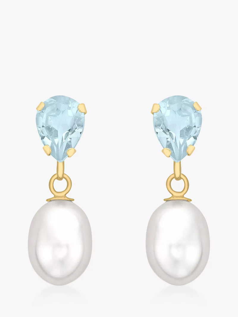 IBB gold drop earrings with pearl and blue topaz, imported from the UK