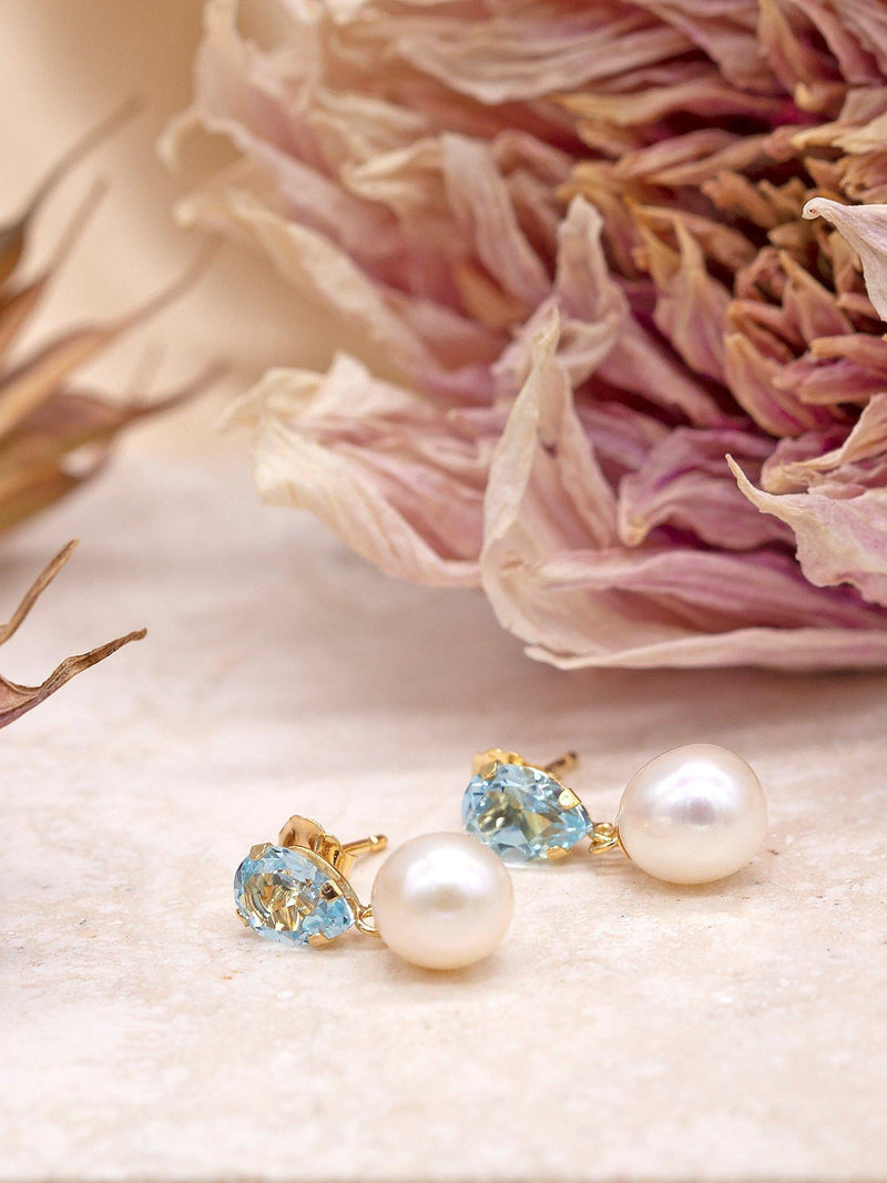 IBB gold drop earrings with pearl and blue topaz, imported from the UK