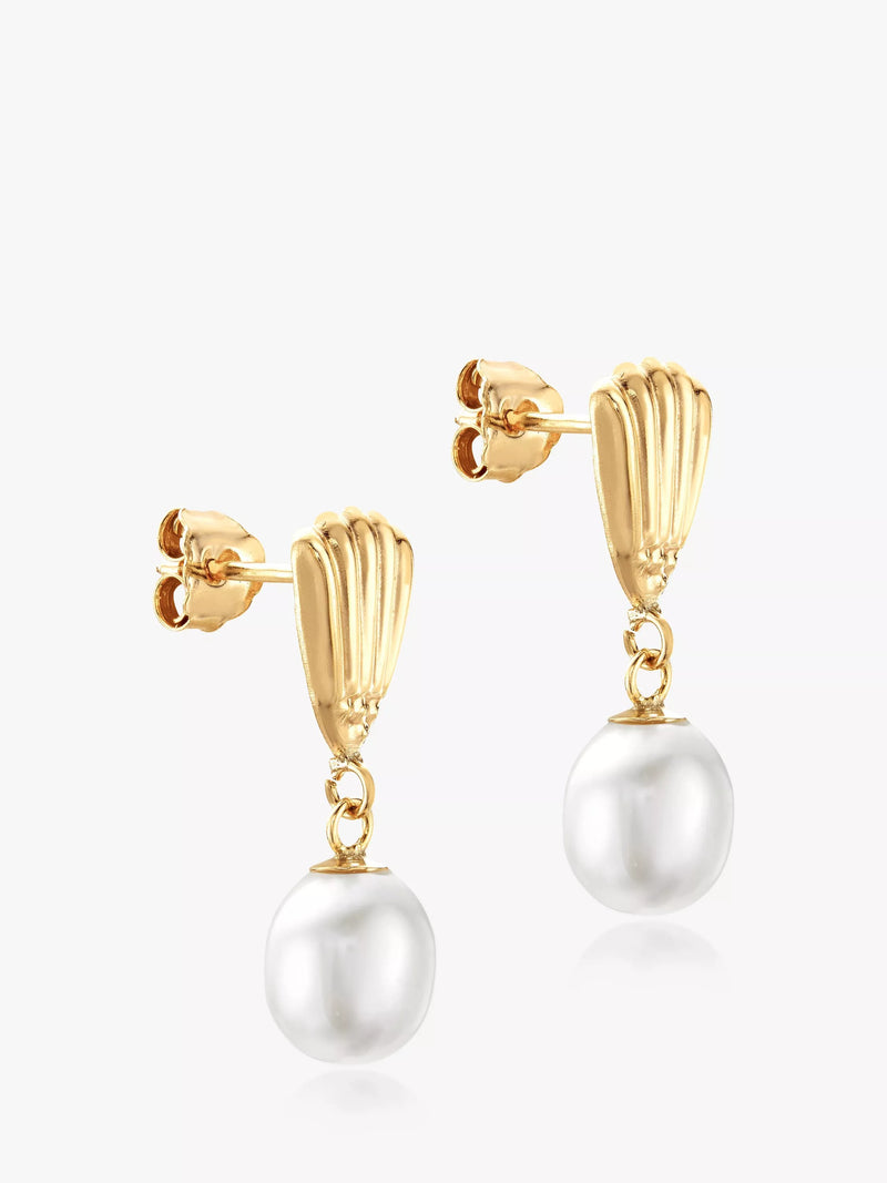 IBB 9ct yellow gold freshwater pearl shell drop earrings, imported from the UK