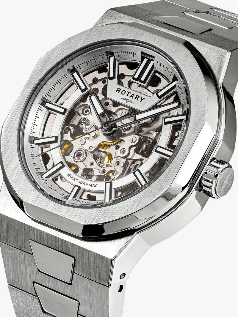 Rotary Regent automatic skeleton dial watch silver (British brand)