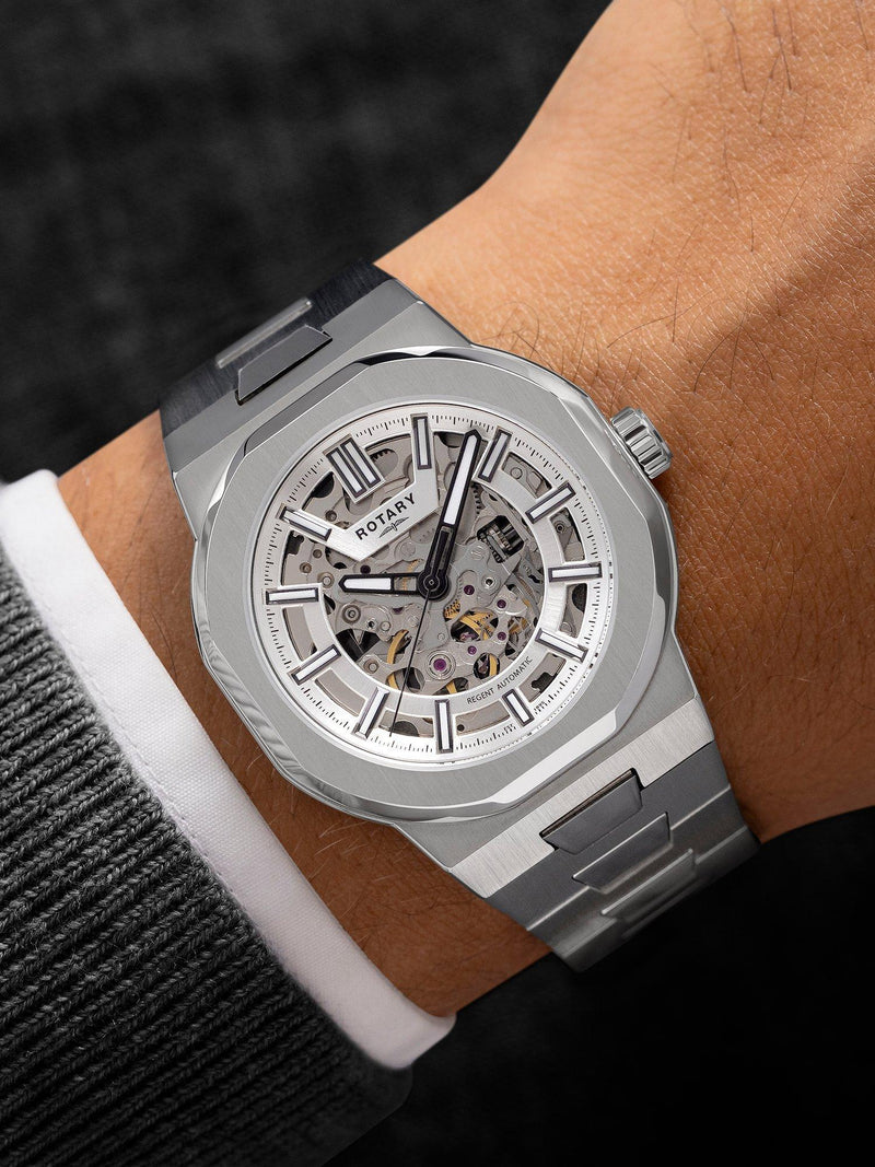 Rotary Regent automatic skeleton dial watch silver (British brand)