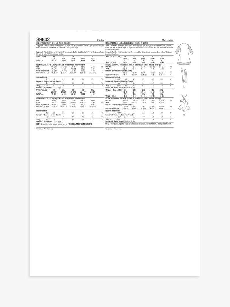 Simplicity Misses' Robe and Teddy Sewing Pattern S9802 (British brand)