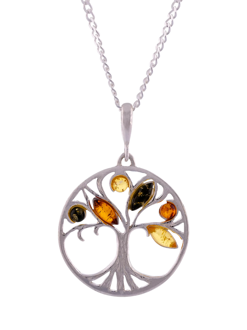 Be-Jewelled amber round tree pendant necklace sterling silver - British product