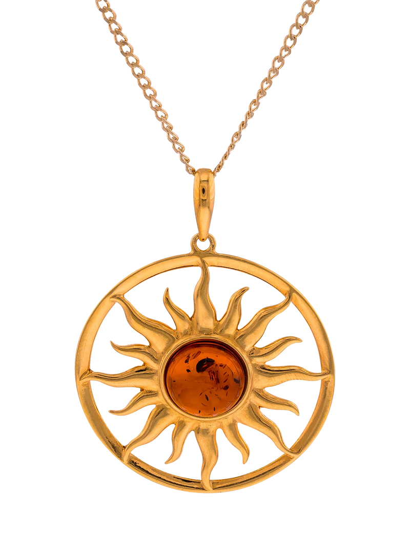 Be-Jewelled amber sun pendant necklace gold cognac - British product