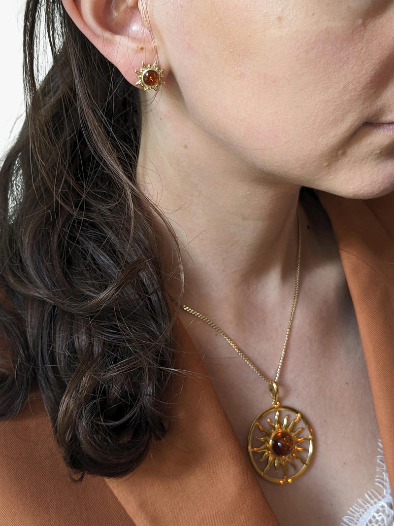 Be-Jewelled amber sun pendant necklace gold cognac - British product
