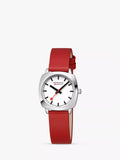 Mondaine Petite Cushion watch 31mm red vegan leather strap, imported from the UK