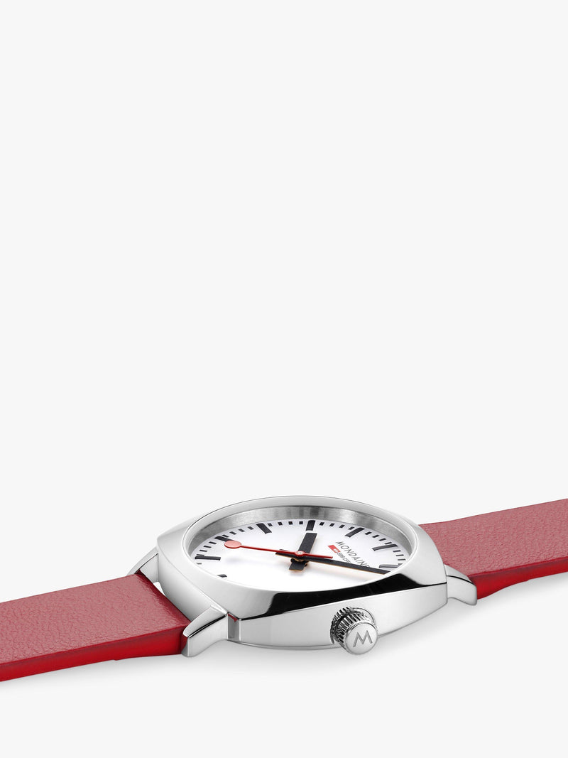 Mondaine Petite Cushion watch 31mm red vegan leather strap, imported from the UK
