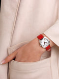 Mondaine Petite Cushion watch 31mm red vegan leather strap, imported from the UK