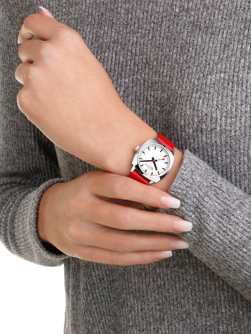Mondaine Petite Cushion watch 31mm red vegan leather strap, imported from the UK