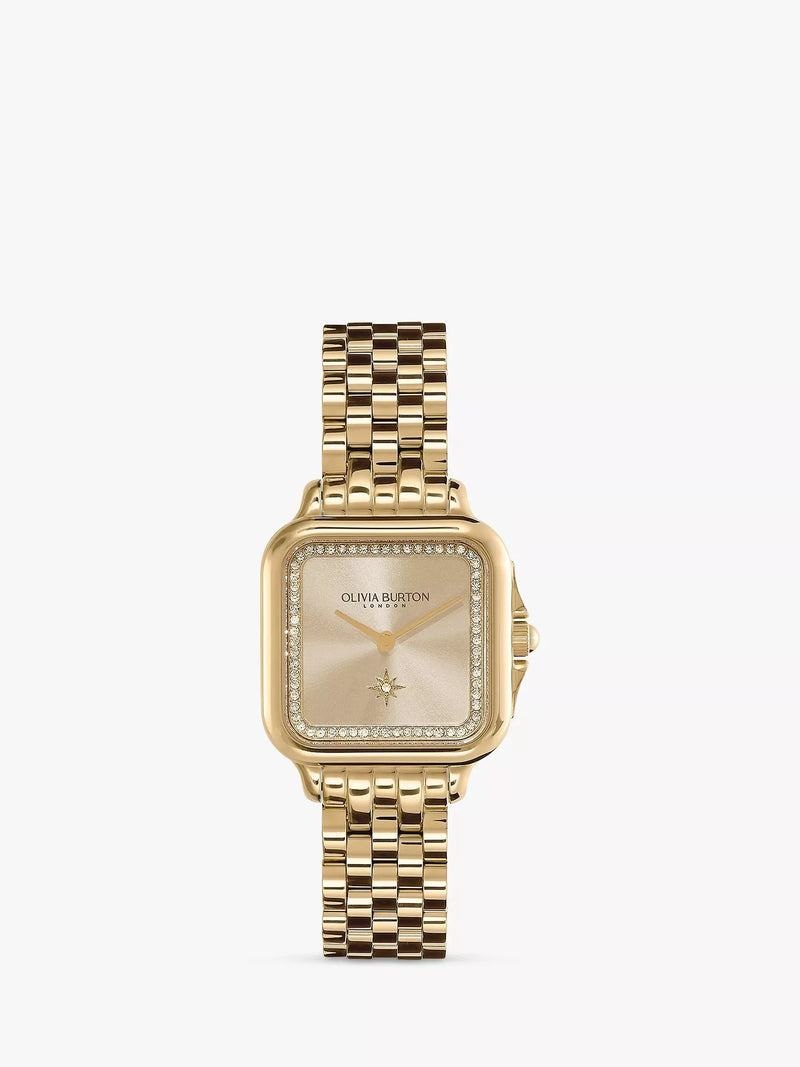 Olivia Burton Grosvenor Square Uhr mit Sonnenschliff-Zifferblatt und Kristallarmband (britische Marke)
