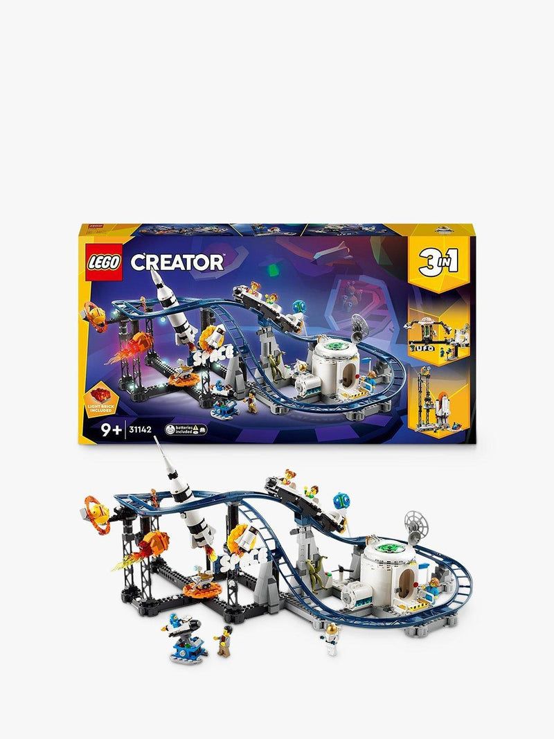Space-Themed 3-in-1 Building Set with Roller Coaster, Drop Tower, and Carousel for Ages 9+