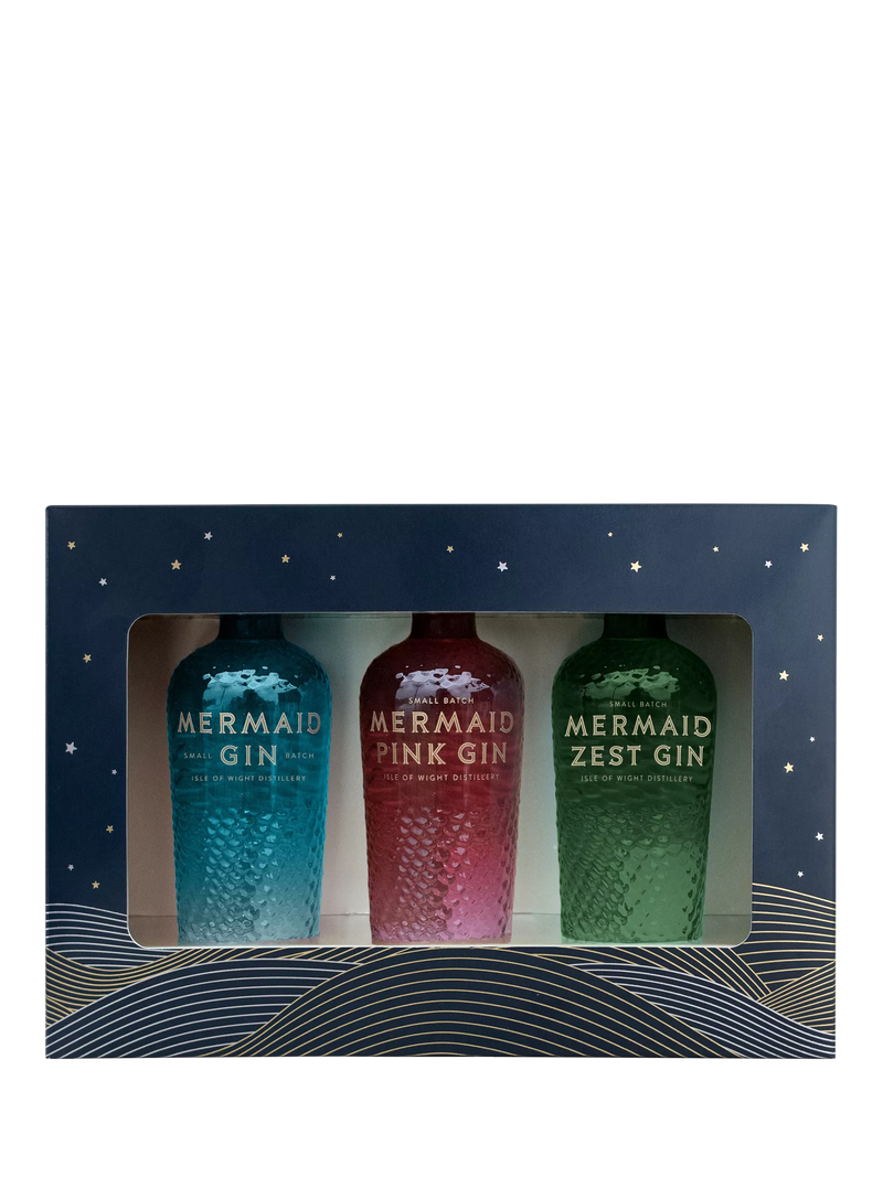 Isle of Wight Distillery Mermaid gin gift set with three 5cl bottles, UK version
