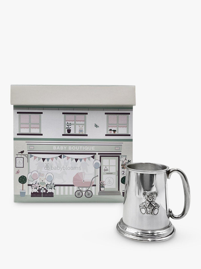 Babyblooms silver Christening pewter tankard with teddy bear motif - British product