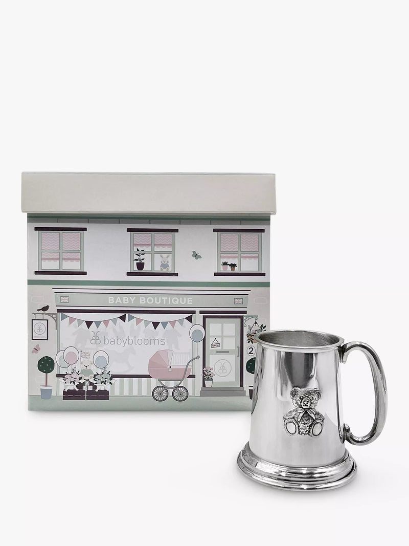 Babyblooms silver Christening pewter tankard with teddy bear motif - British product