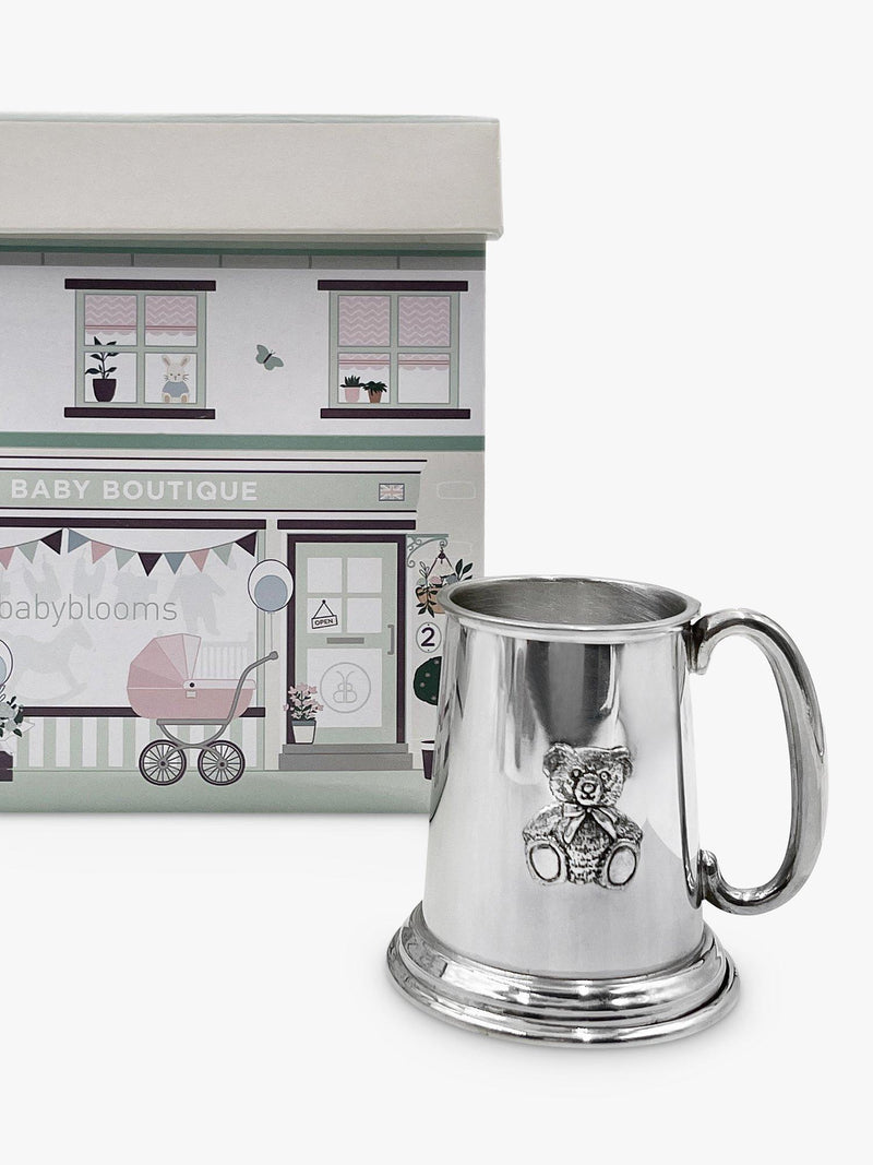 Babyblooms silver Christening pewter tankard with teddy bear motif - British product