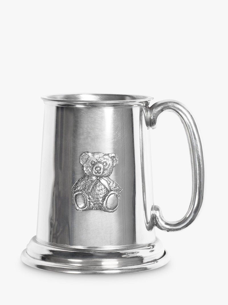 Babyblooms silver Christening pewter tankard with teddy bear motif - British product