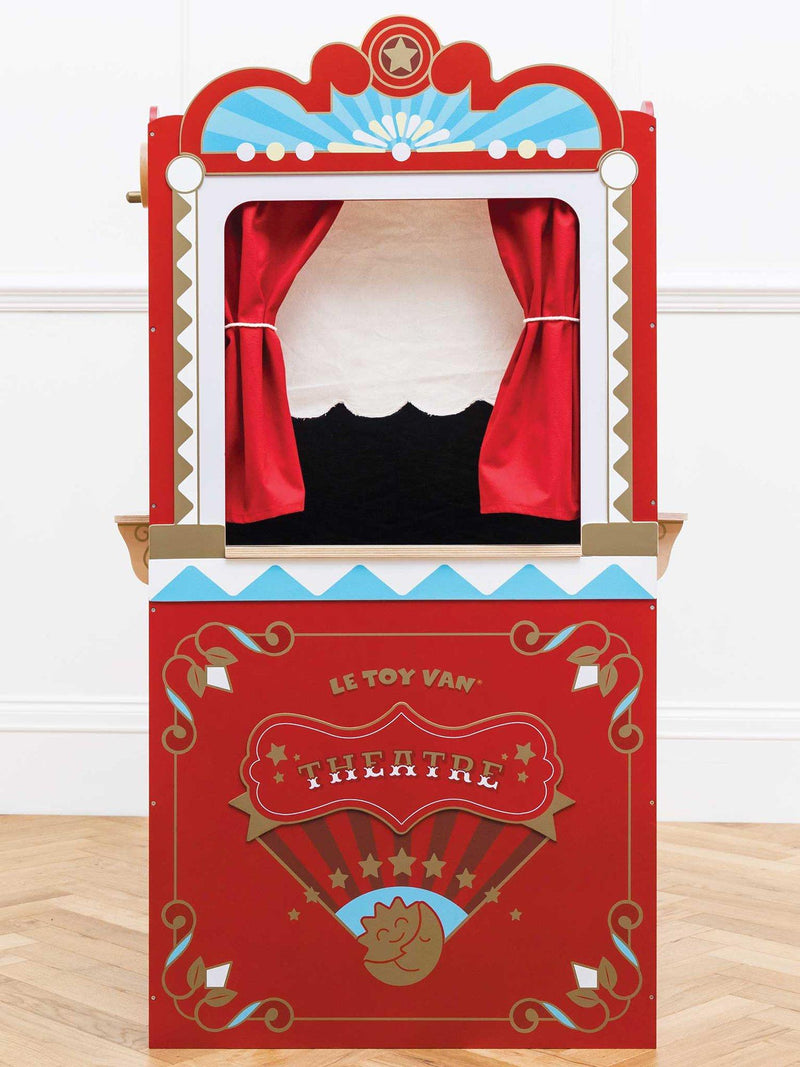 Le Toy Van wooden puppet theatre with stage curtains and scenario windows, UK version