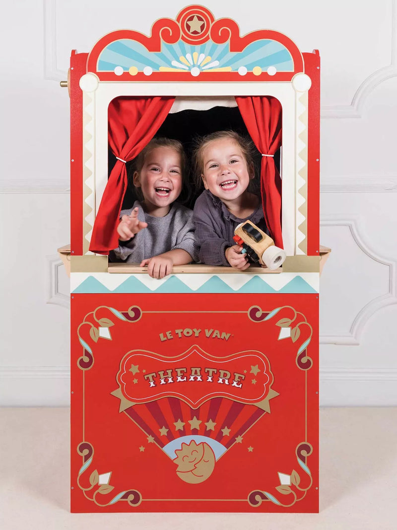Le Toy Van wooden puppet theatre with stage curtains and scenario windows, UK version