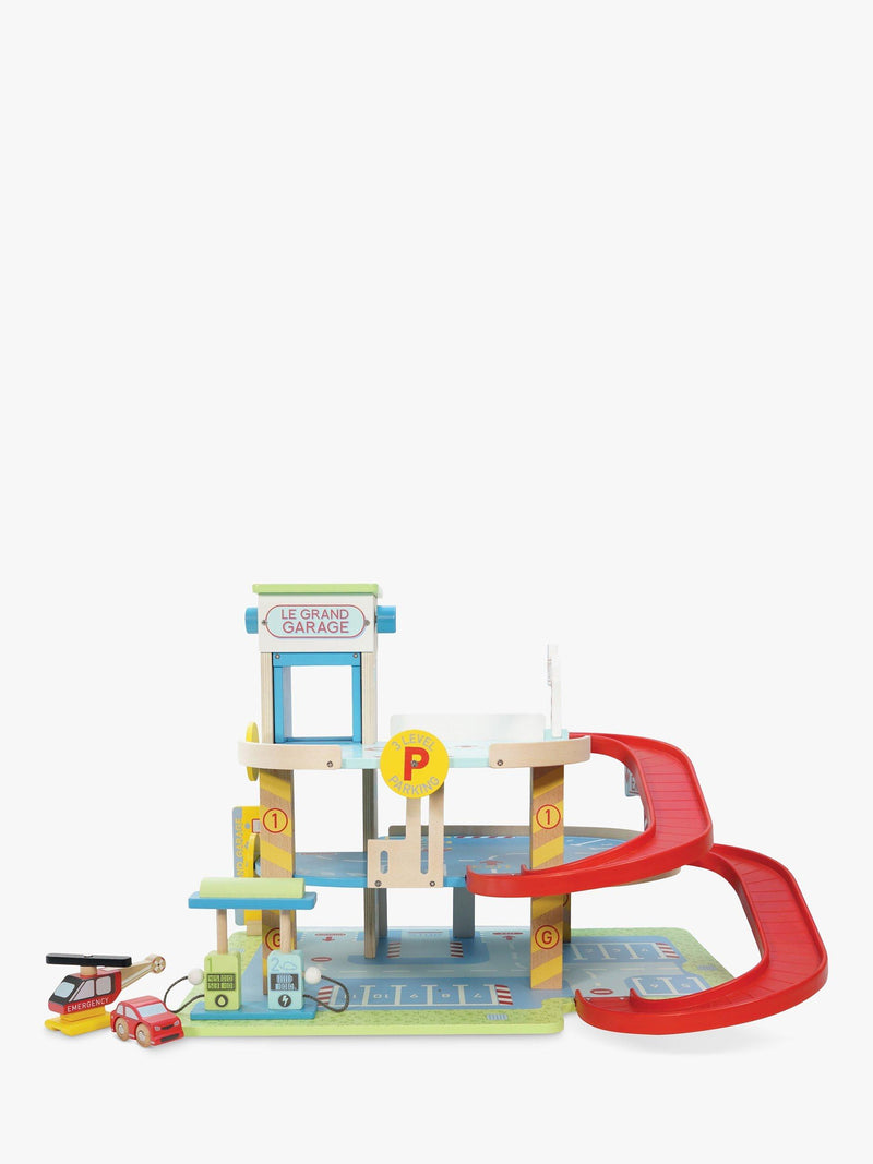 Three-Story Wooden Garage Playset with Spiral Ramps and Lift