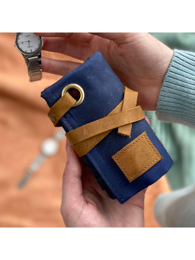 Solesmith personalised waxed canvas watch roll navy, UK version