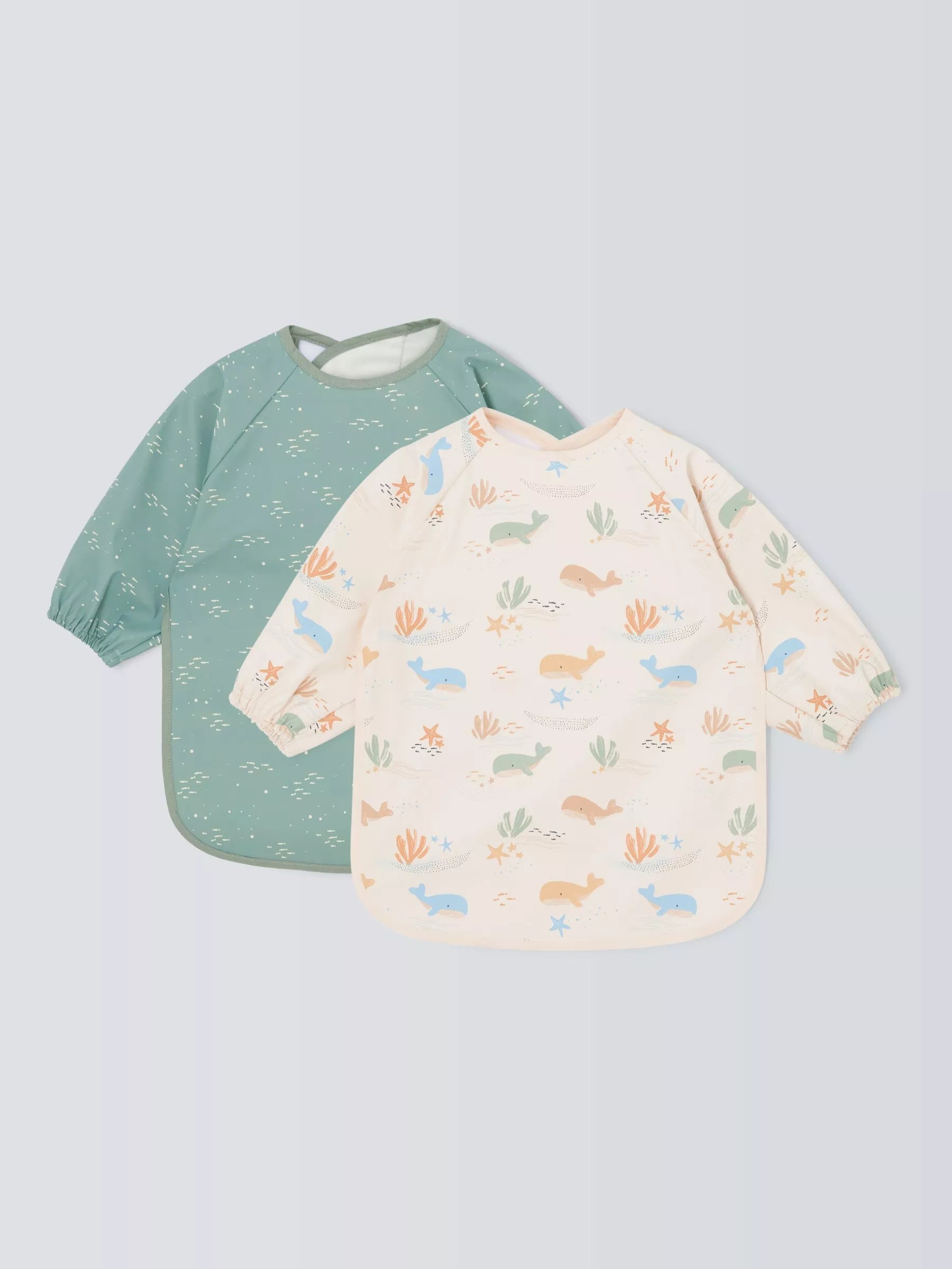 John Lewis Whale & Fish Print Coverall Weaning Baby Bib, Pack of 2, Multi - McGrocer