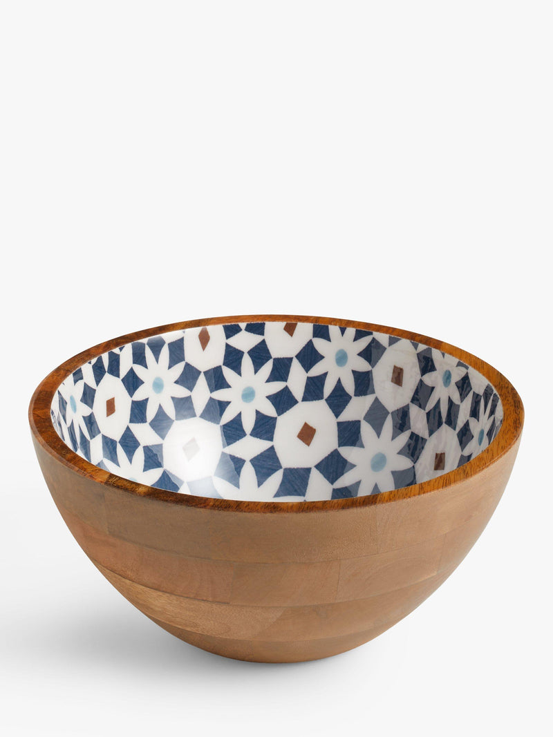 John Lewis mango wood salad bowl with Lisbon tile pattern, 24cm, Natural/Blue, UK version