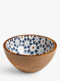 John Lewis mango wood salad bowl with Lisbon tile pattern, 24cm, Natural/Blue, UK version