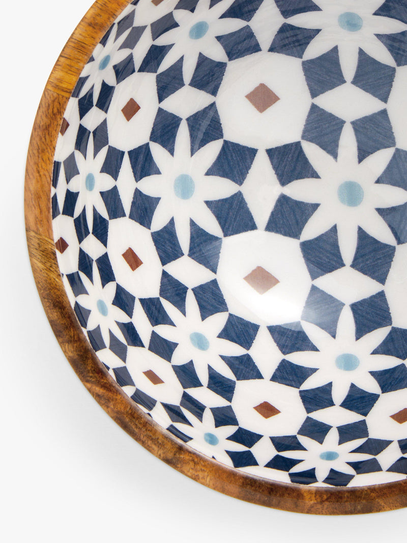 John Lewis mango wood salad bowl with Lisbon tile pattern, 24cm, Natural/Blue, UK version