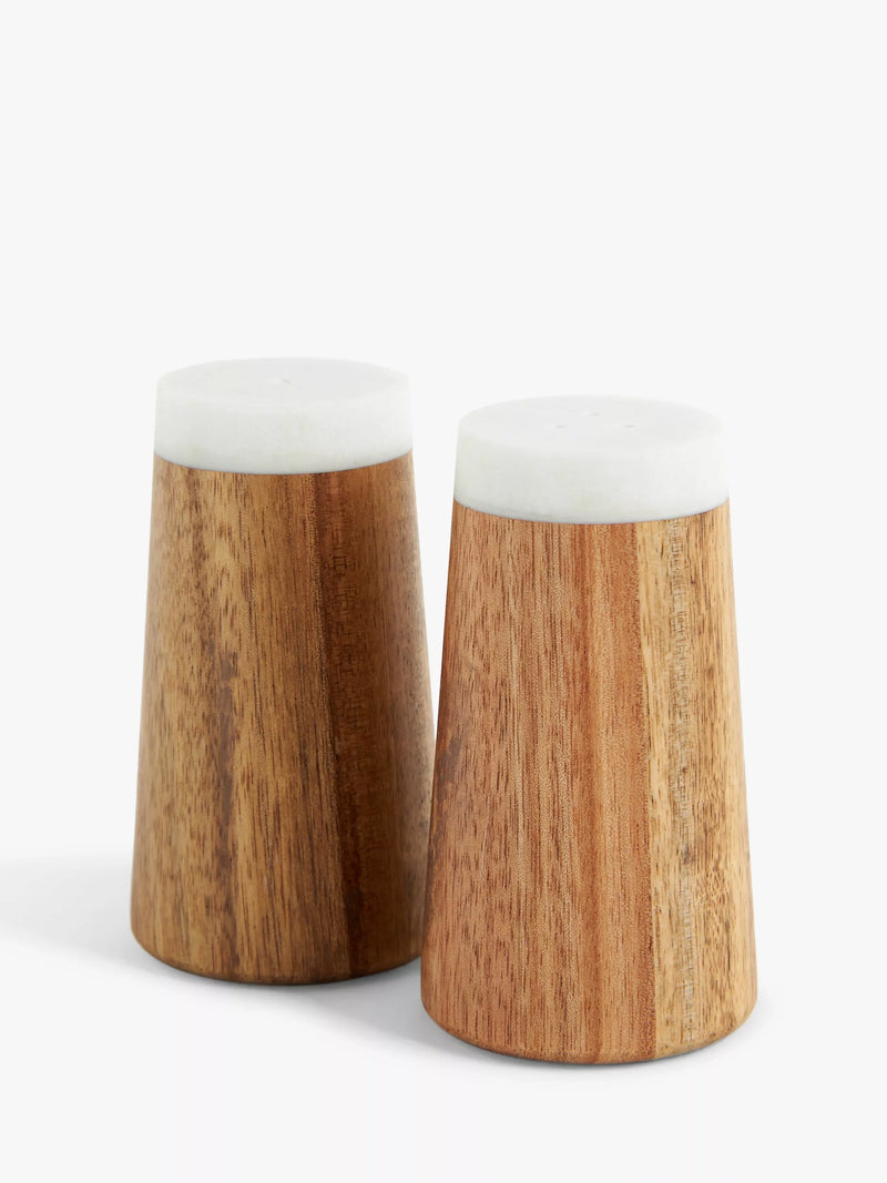 John Lewis salt and pepper shaker set acacia wood and marble, UK version