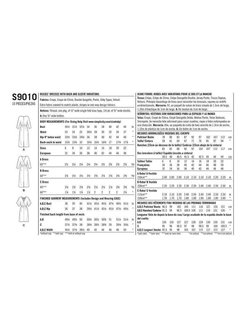 Simplicity S9010 sewing pattern for elastic waist dresses, imported from the UK