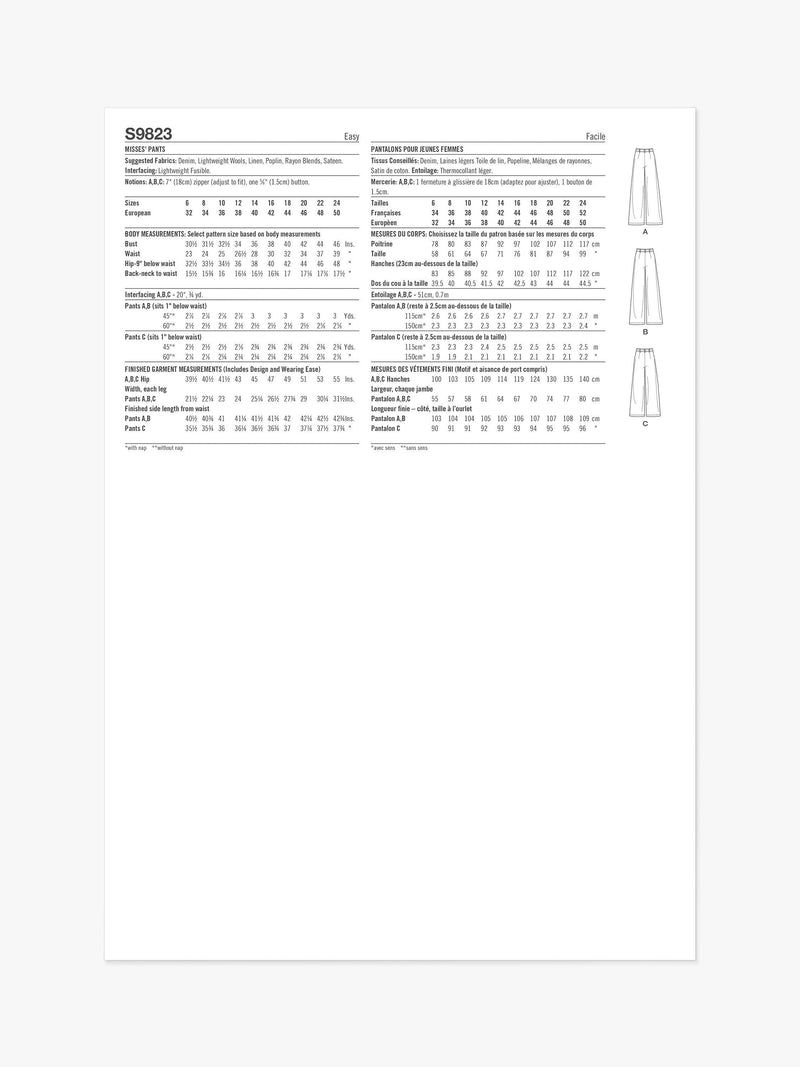 Simplicity misses pants sewing pattern S9823, imported from the UK