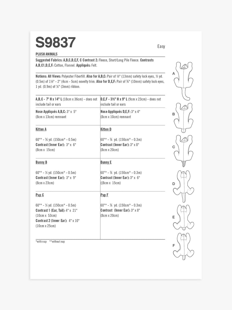 Simplicity plush animal sewing pattern S9837 - British product