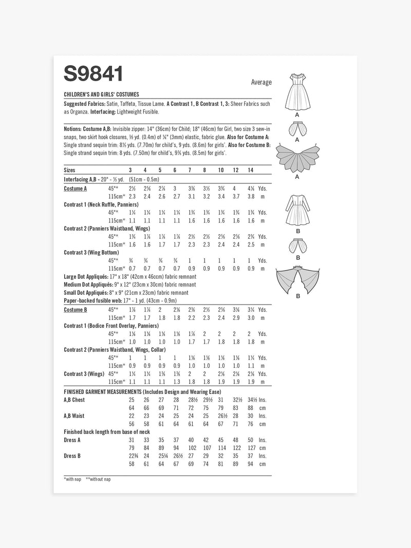 Simplicity sewing pattern S9841 for girls costumes imported from the UK