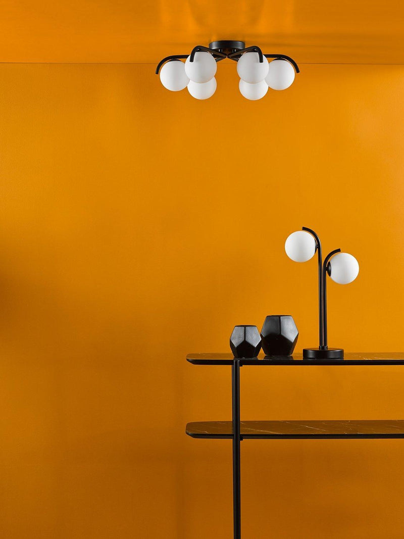 Där Orlena six-arm opal glass semi-flush ceiling light, UK version
