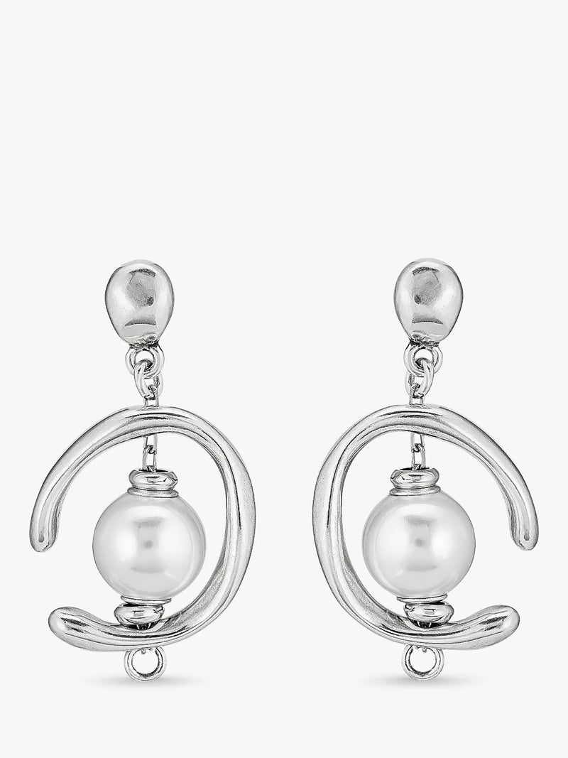 UNOde50 pearl asymmetric drop earrings in silver, imported from the UK