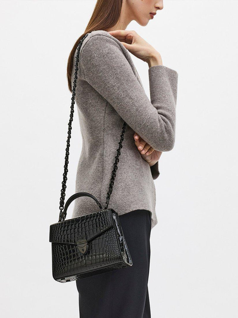 Aspinal of London Midi Mayfair 2 croc leather crossbody bag in black (British brand)