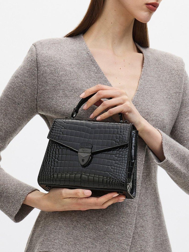 Aspinal of London Midi Mayfair 2 croc leather crossbody bag in black (British brand)