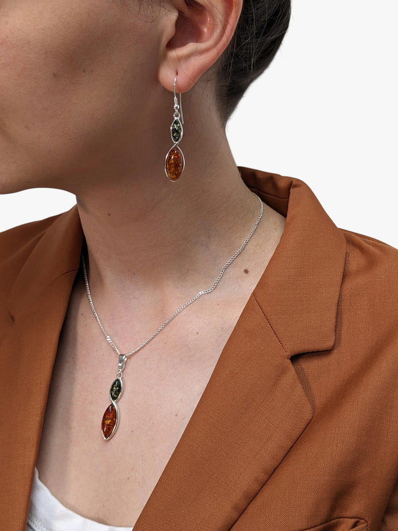 Be-Jewelled marquise cut amber drop earrings green cognac sterling silver - British product