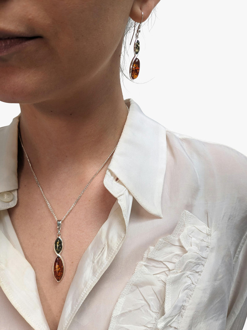 Be-Jewelled marquise cut amber drop earrings green cognac sterling silver - British product