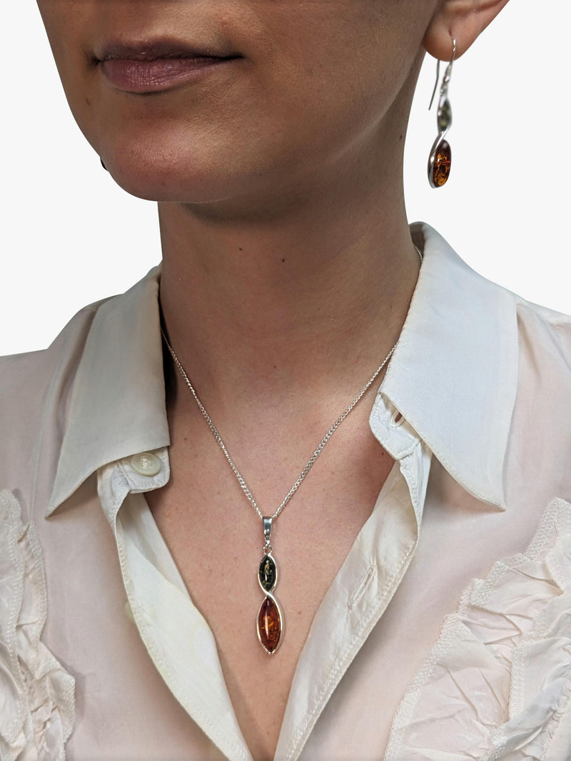 Be-Jewelled double marquise cut amber pendant necklace sterling silver (British brand)