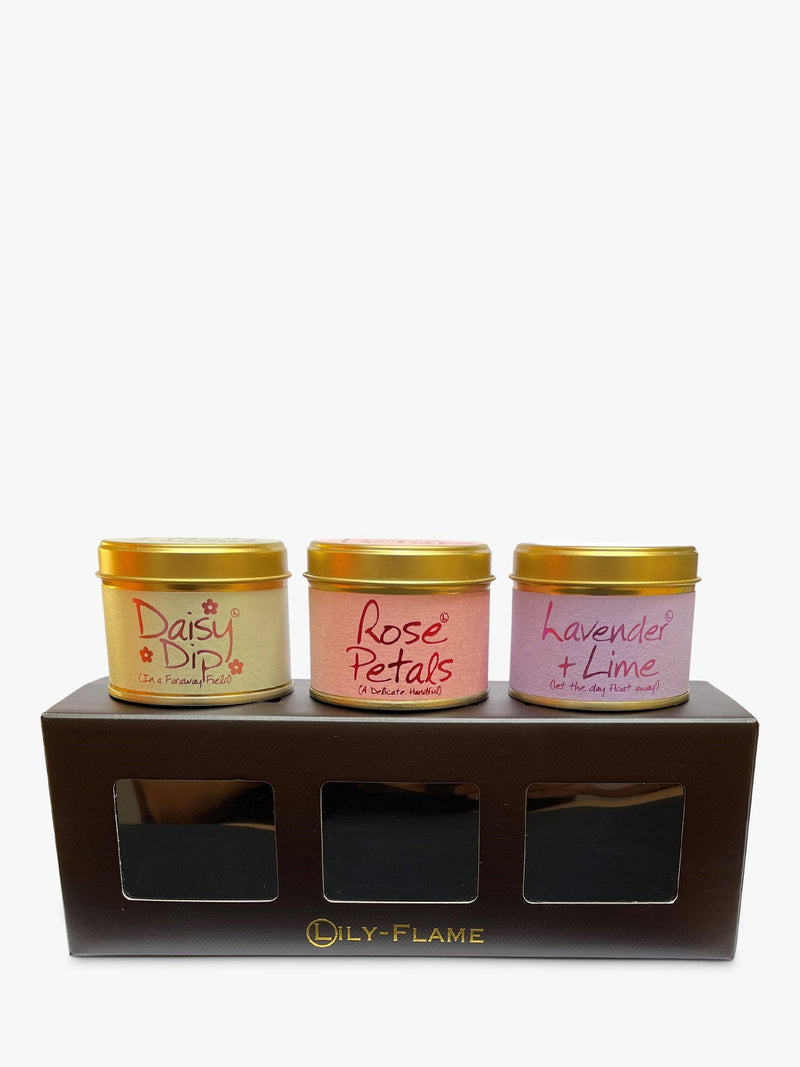 Lily-flame floral mini tin scented candle gift set, imported from the UK