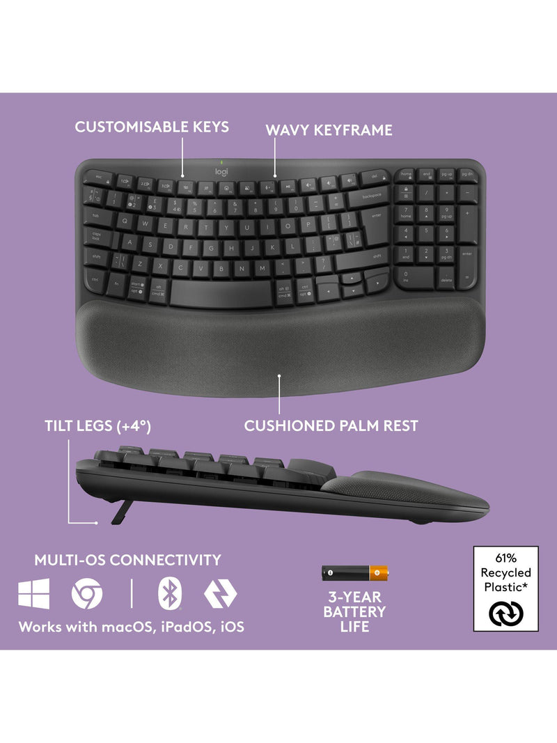 Logitech Wave Keys wireless ergonomic keyboard Graphite, UK version