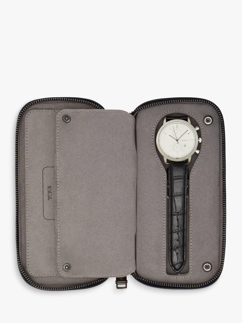 TUMI leather travel watch case black embossed, UK version
