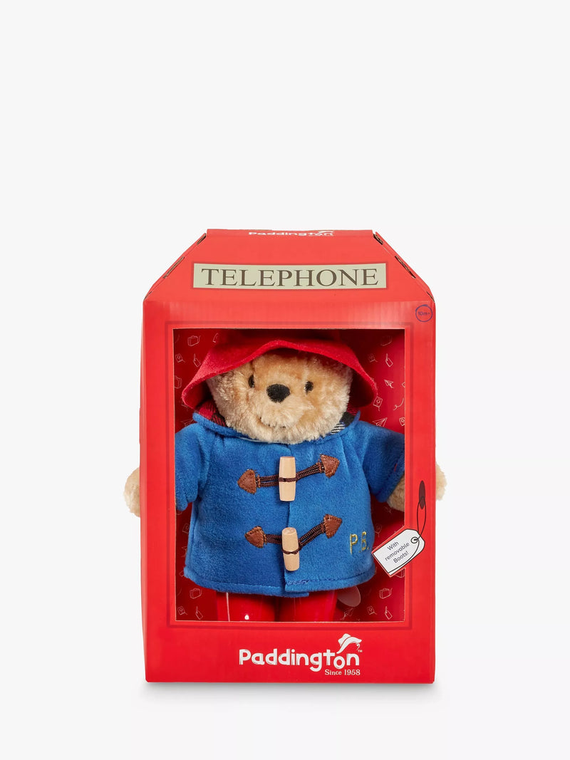 Paddington Bear soft toy in telephone box packaging (British brand)