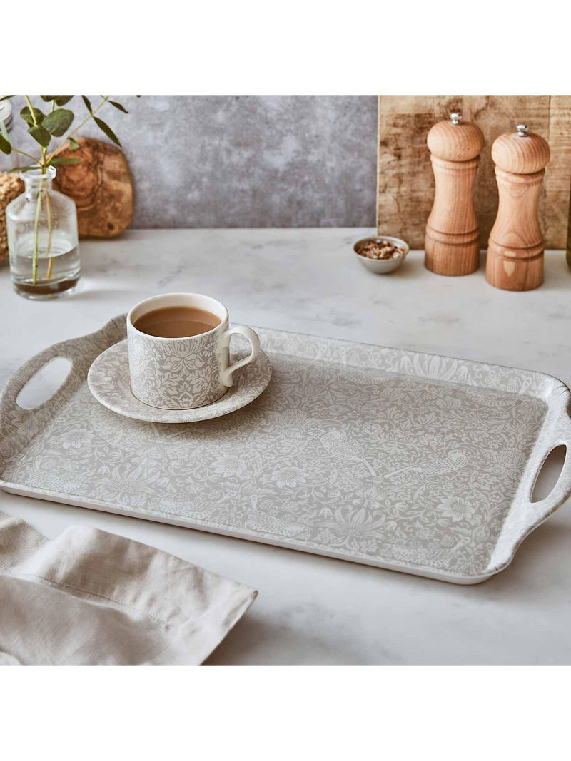 Morris & Co. melamine large handled tray in grey with Strawberry Thief design, imported from the UK
