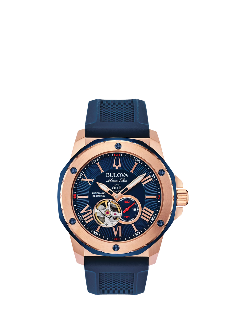 Bulova Marine Star automatic watch blue silicone strap 45mm - British product
