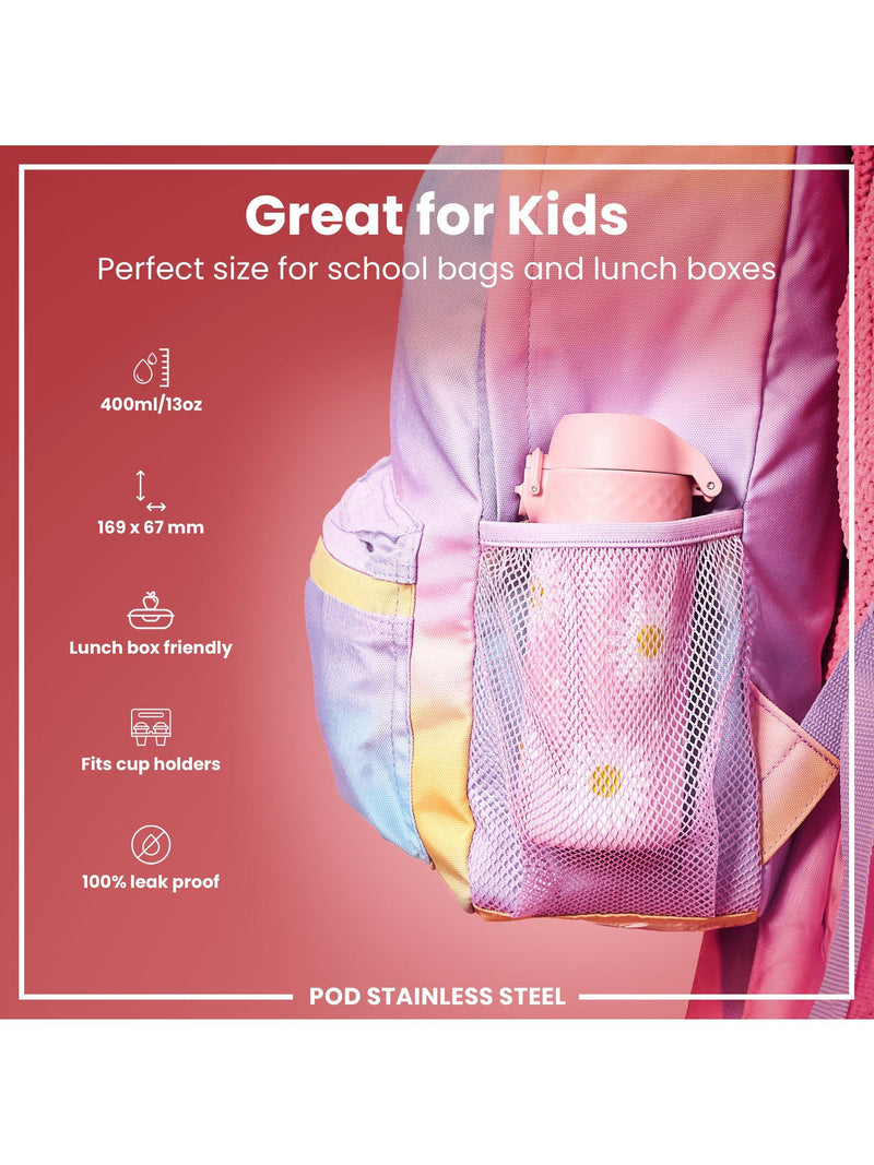 Ion8 Daisy stainless steel water bottle in Rose Quartz, 400ml, UK version