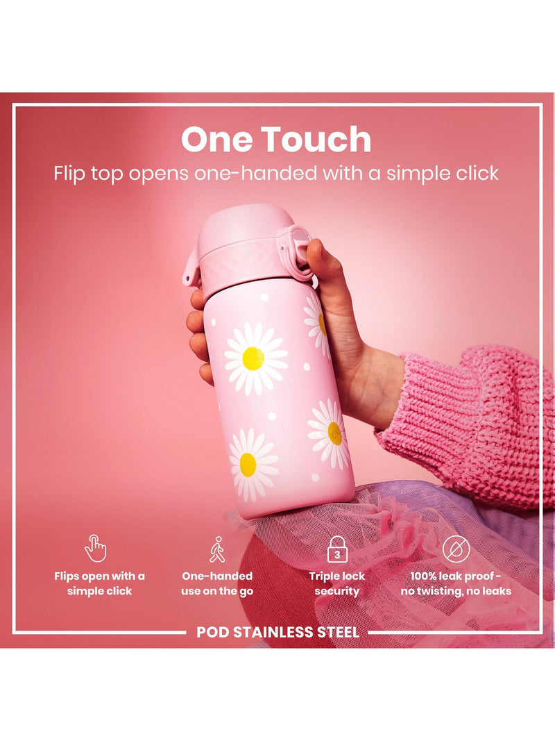 Ion8 Daisy stainless steel water bottle in Rose Quartz, 400ml, UK version
